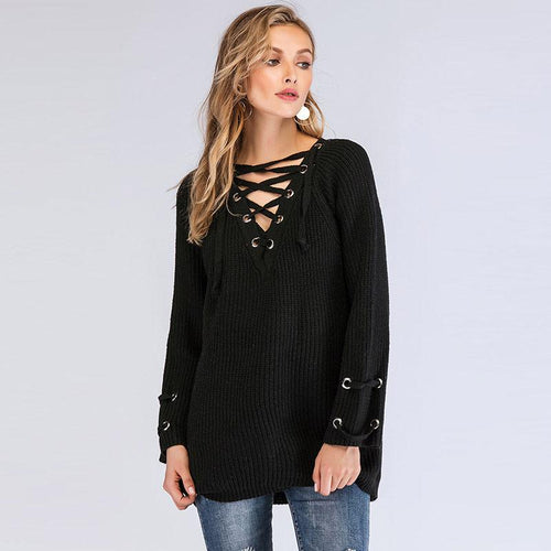 2018 Winter Black Sweater Women Front Lace up Casual Pullovers Long sleeve Loose Knitted tops Spring Sweaters Female Clothes