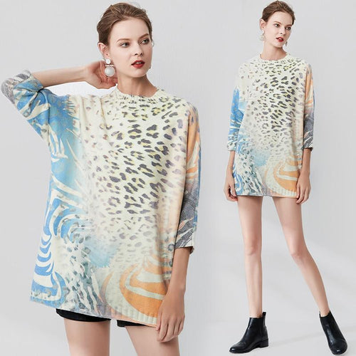 2019 Fall Winter print leopard Women Print Sweater Pullovers Runway Female Loose Knitted Sweater Jumper Clothes
