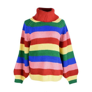 2019 Fashion Rainbow Striped Turtleneck Sweaters Women Long Sleeve Pullover Jumpers Winter Clothes Women Loose Knitted Sweaters