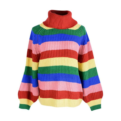 2019 Fashion Rainbow Striped Turtleneck Sweaters Women Long Sleeve Pullover Jumpers Winter Clothes Women Loose Knitted Sweaters