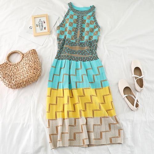 2019 new fashion women s dresses Joker color matching hanging neck waist slim knit vest long dress H099