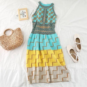 2019 new fashion women s dresses Joker color matching hanging neck waist slim knit vest long dress H099