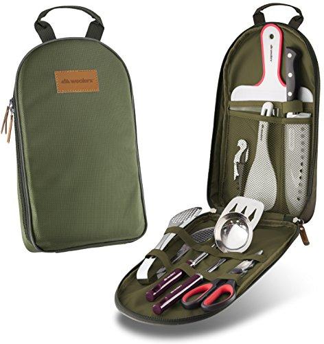 Wealers 7 Piece Outdoor Indoor Camping Bbq Cooking Utensils Set Kitchenware Cookware Set Cutting Board Rice Paddle Tongs Scissors Knife (Green)