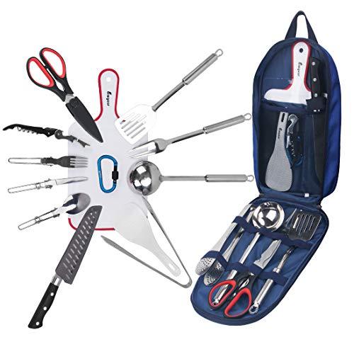 14Pcs Backpacking Camping Cookware Kitchen Utensil Bbq Organizer Travel Mess Kit With Water Resistant Case Cutting Board Rice Paddle Tongs Scissors Knife Spork Wine Opener (14Pcs (Blue))