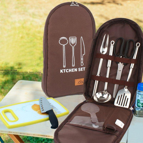 7PCS Outdoor Cookware Set Picnic Kitchenware Portable Stainless Steel Handbag Picnic Bag Knife Fork