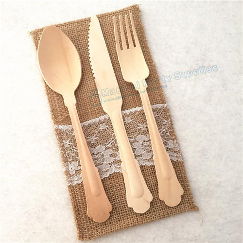 Biodegradable BirchWood Cutlery Sets with Knives Forks & Spoons Including a Material Holder for Weddings and Parties. (120 pcs) - EcoFestival